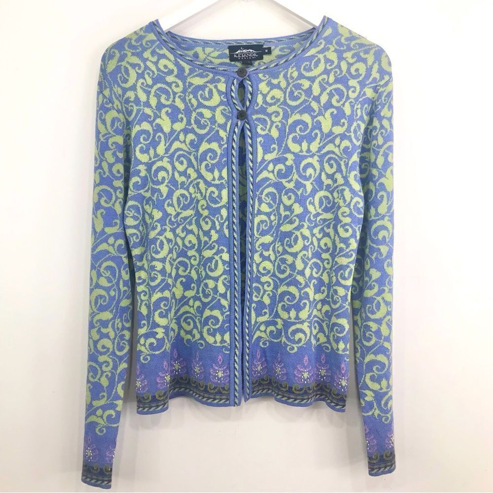 Icelandic Designs Blue Green Scroll Floral Design Cotton Knit Vintage Cardigan